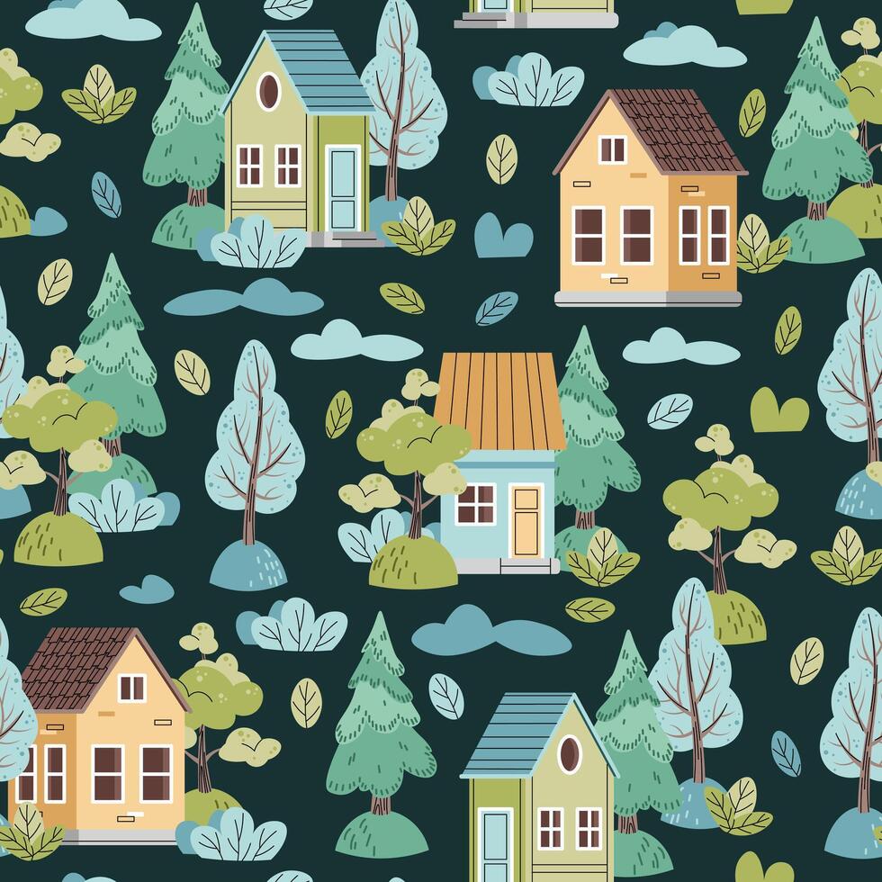 Seamless pattern with cute colorful houses and forest trees in flat style. Children's Background with country houses, spruce and clouds. Cartoon texture for fabric, wallpaper, clothes. vector