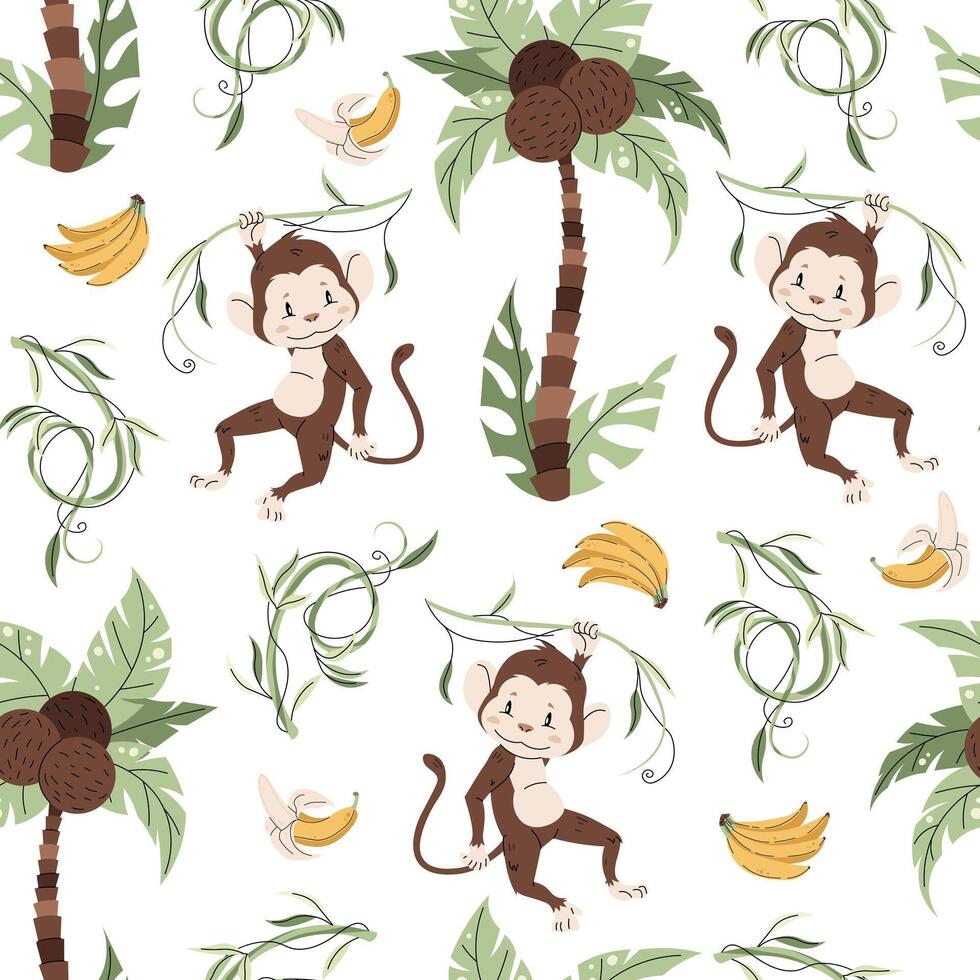 Seamless pattern with cute monkeys in flat style. Repeating background with African animals, palm trees and bananas. Childish illustration for fabric, wallpaper, wrapping paper, scrapbooking etc vector