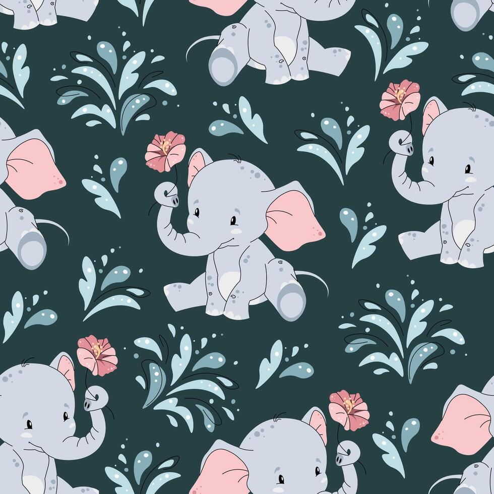 Seamless pattern with cute elephants and water splashes in flat style. Repeating background with African animals. Childish illustration for fabric, wallpaper, wrapping paper, scrapbooking etc. vector