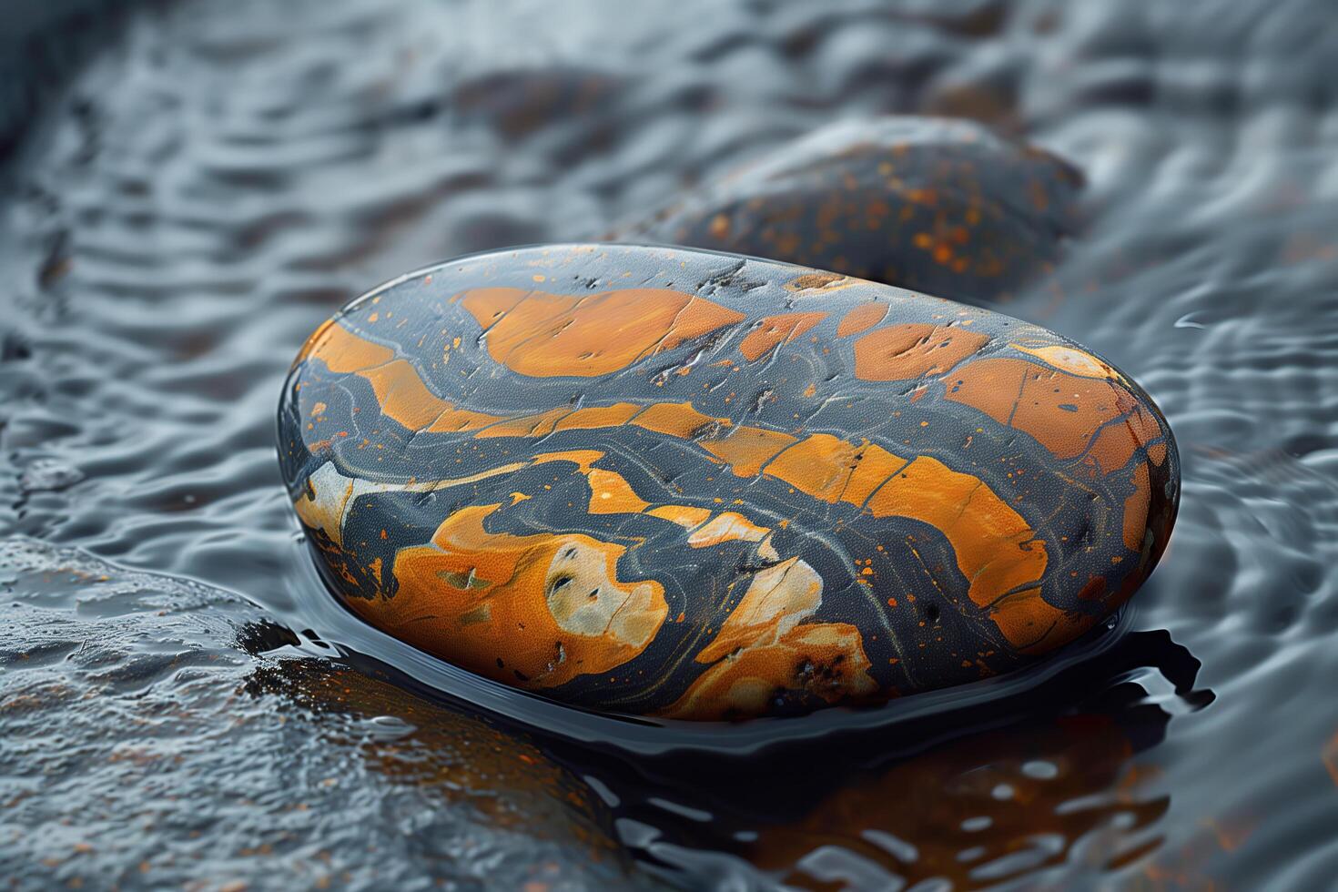 A rock with a black and orange design photo
