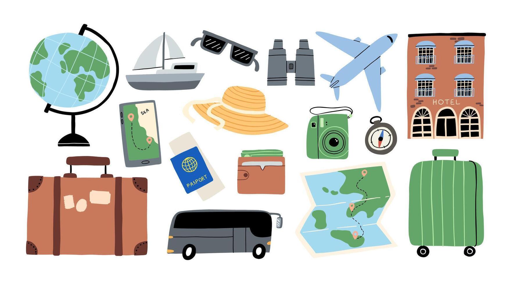 colorful collection of travel-related illustrations, including a globe, airplane, suitcase, passport, and hotel, symbolizing adventure and exploration vector