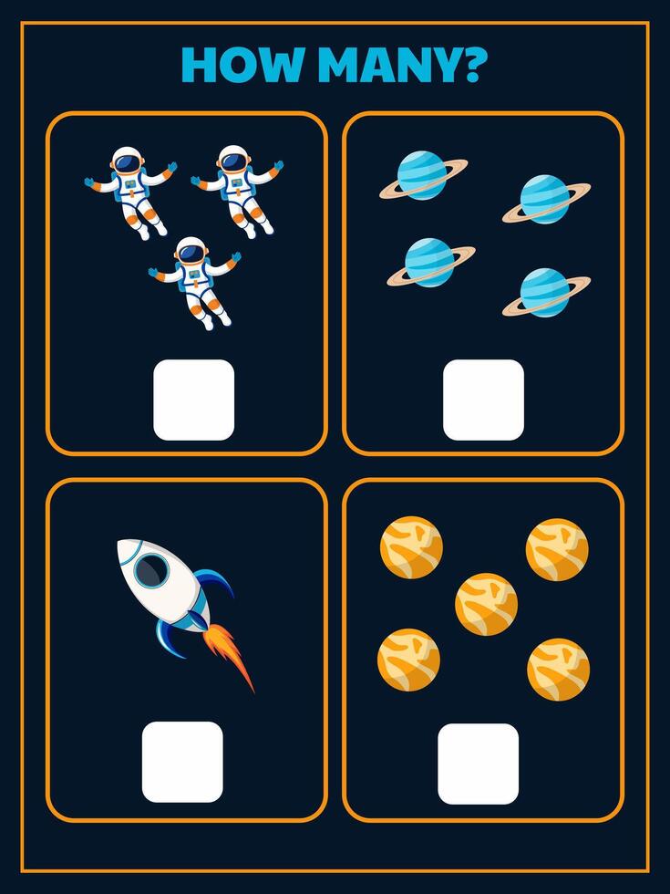 Tasks for preschoolers to count within 5 on the theme of space adventures vector