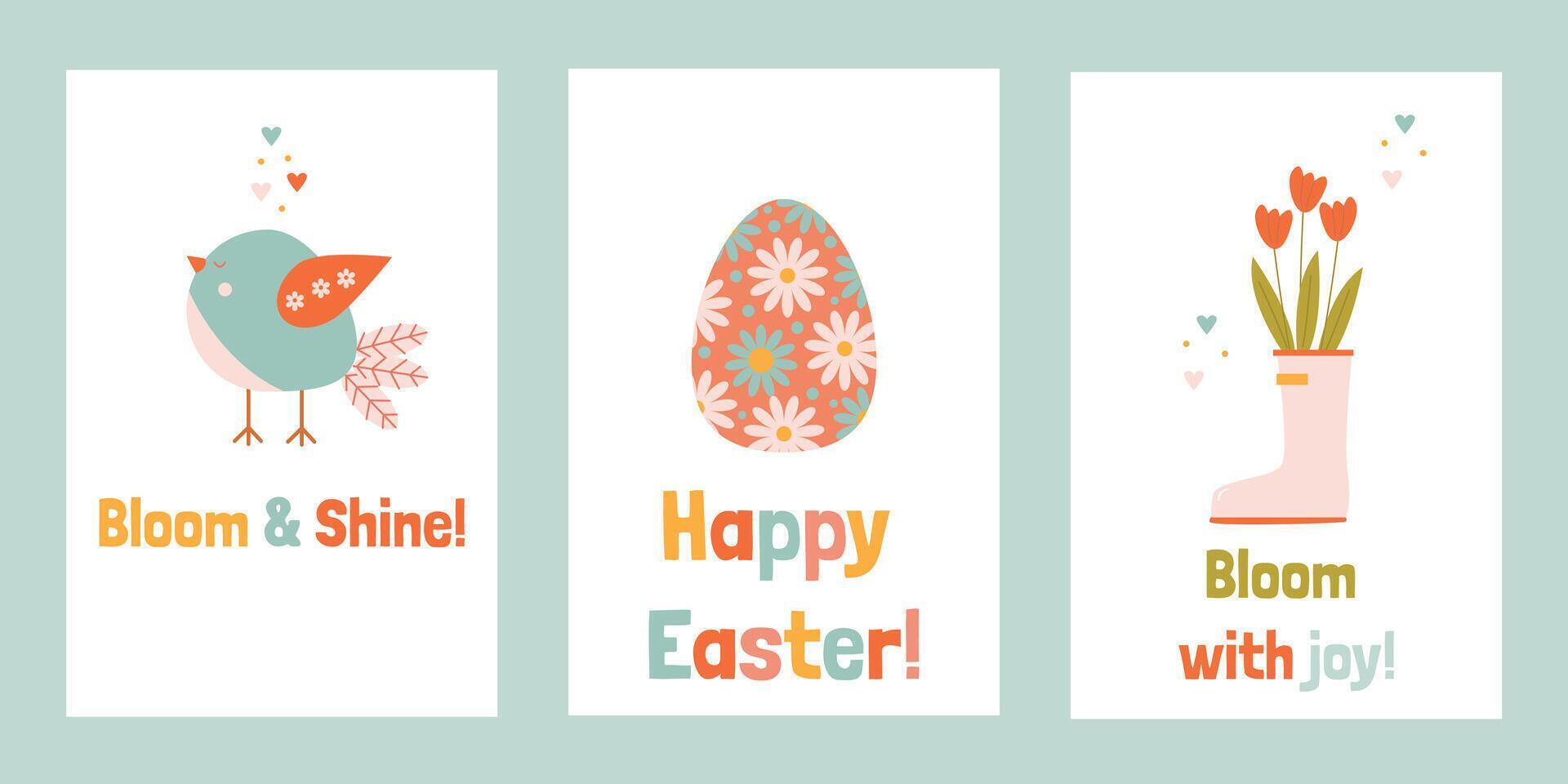 a set of cards for Easter and early spring with bright inscriptions, birds, an Easter egg and a rubber boot with flowers vector