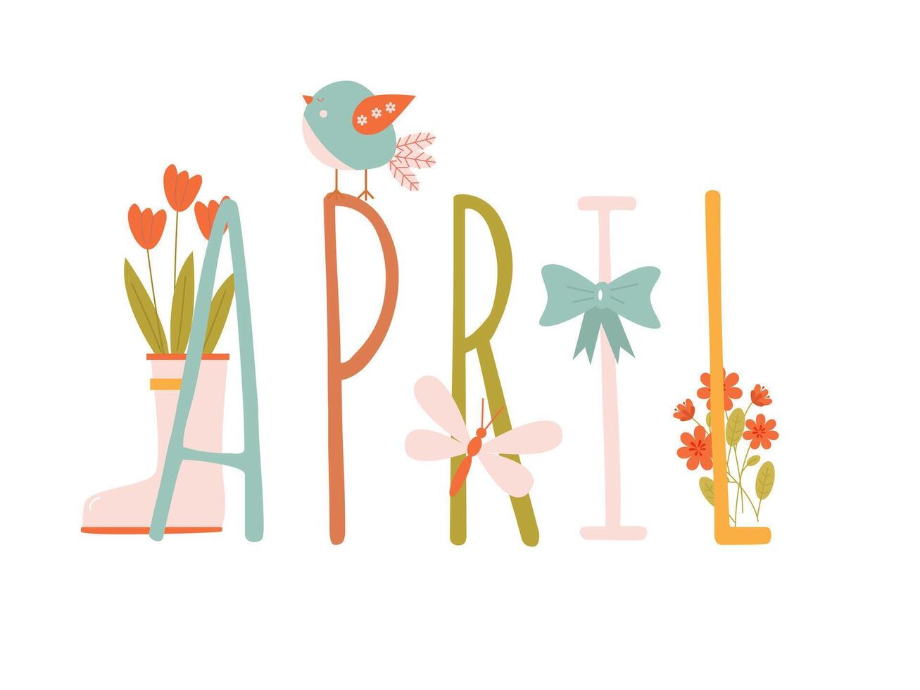 Bright inscription April with a cute bird and a rubber boot with flowers vector