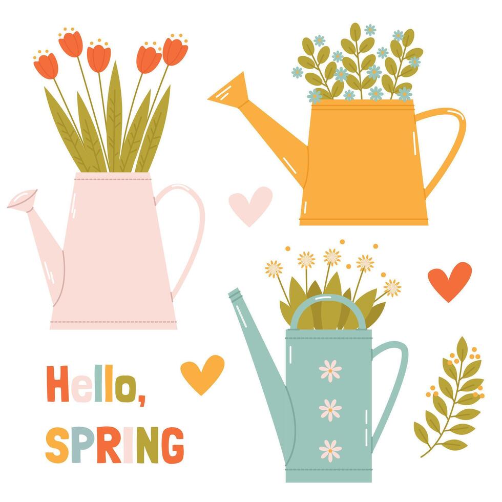Set with cute garden watering cans with flowers for spring decor vector