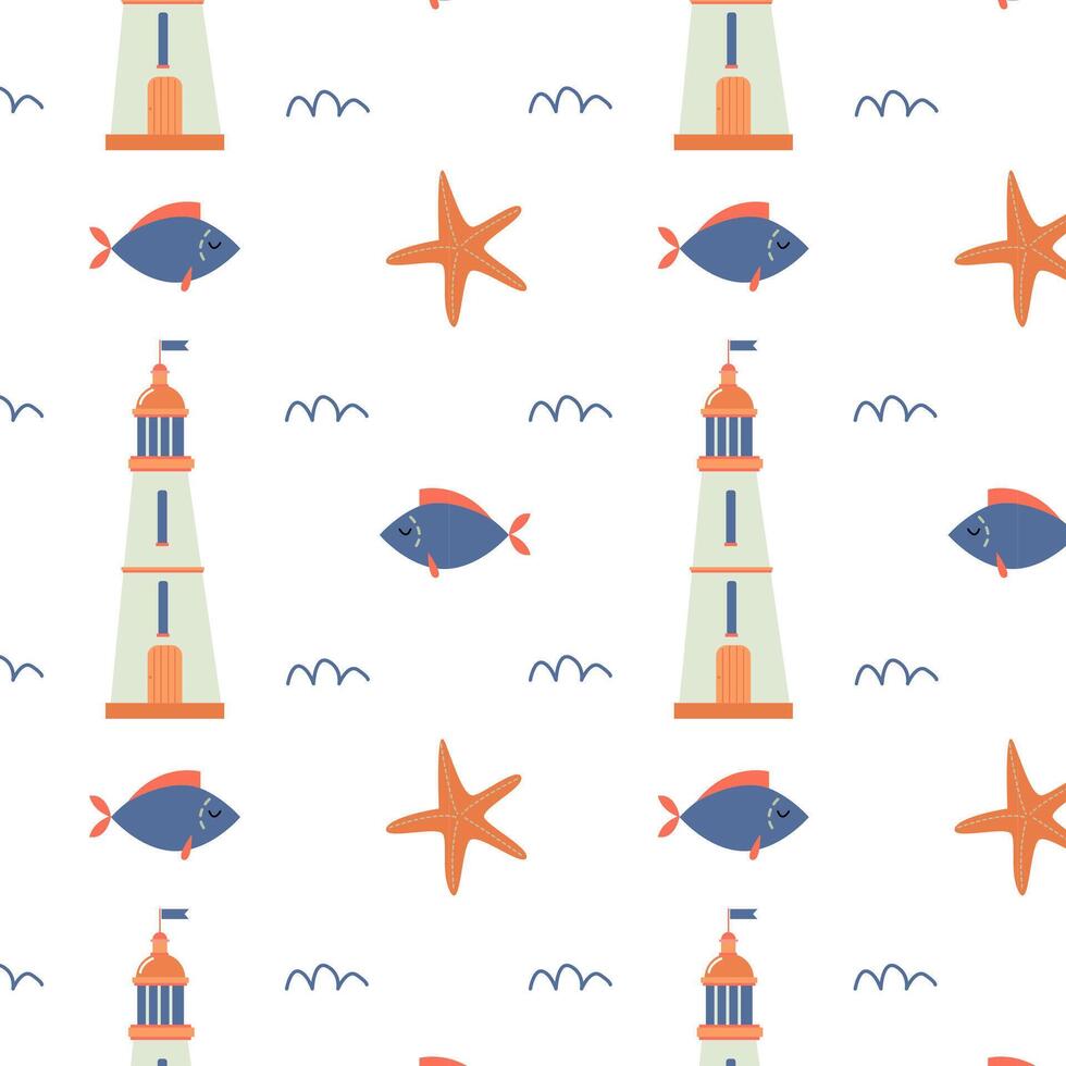 Marine pattern for children with a lighthouse, fish and starfish vector