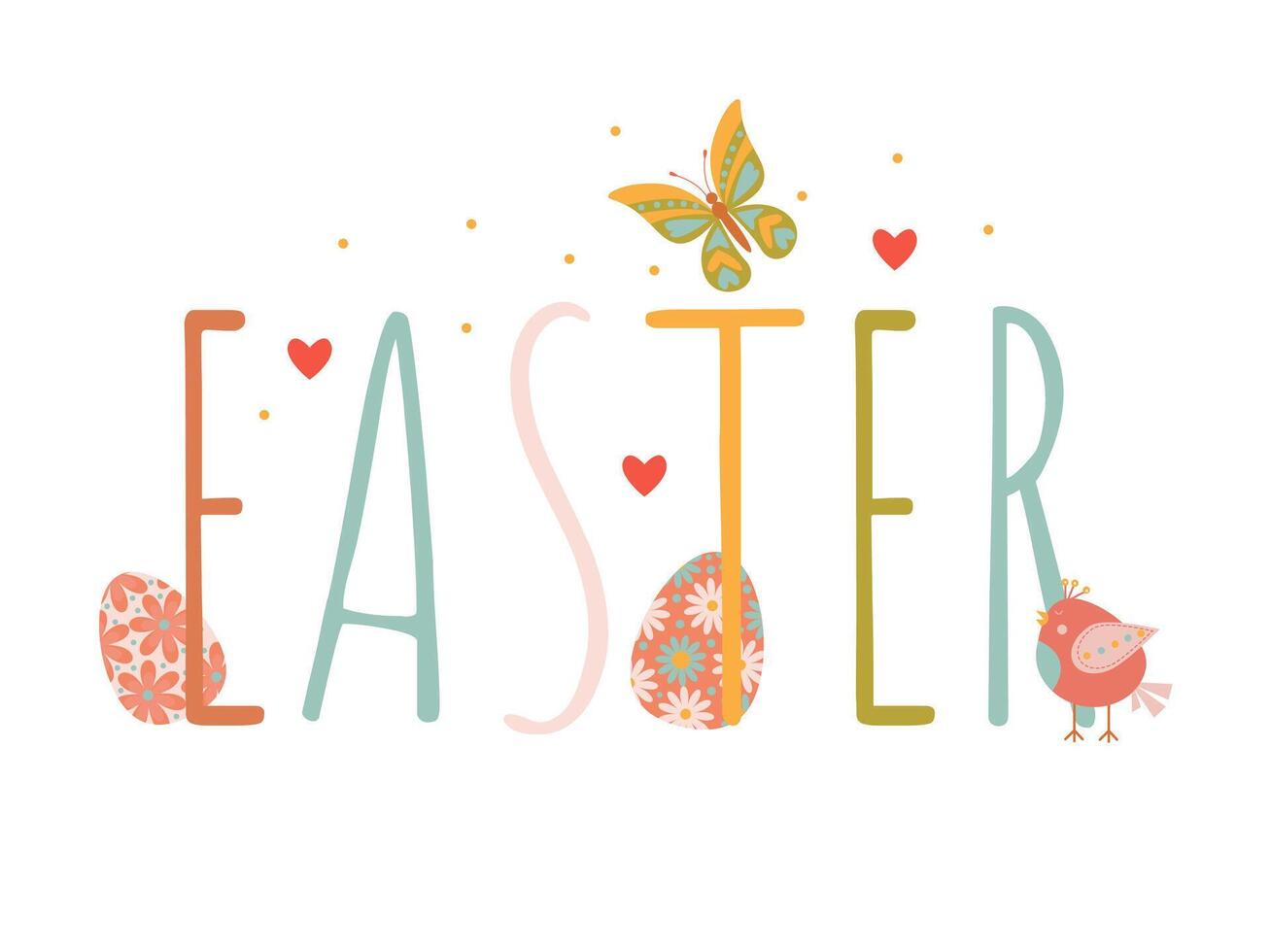 Colorful inscription Easter with butterfly, Easter eggs and bird vector