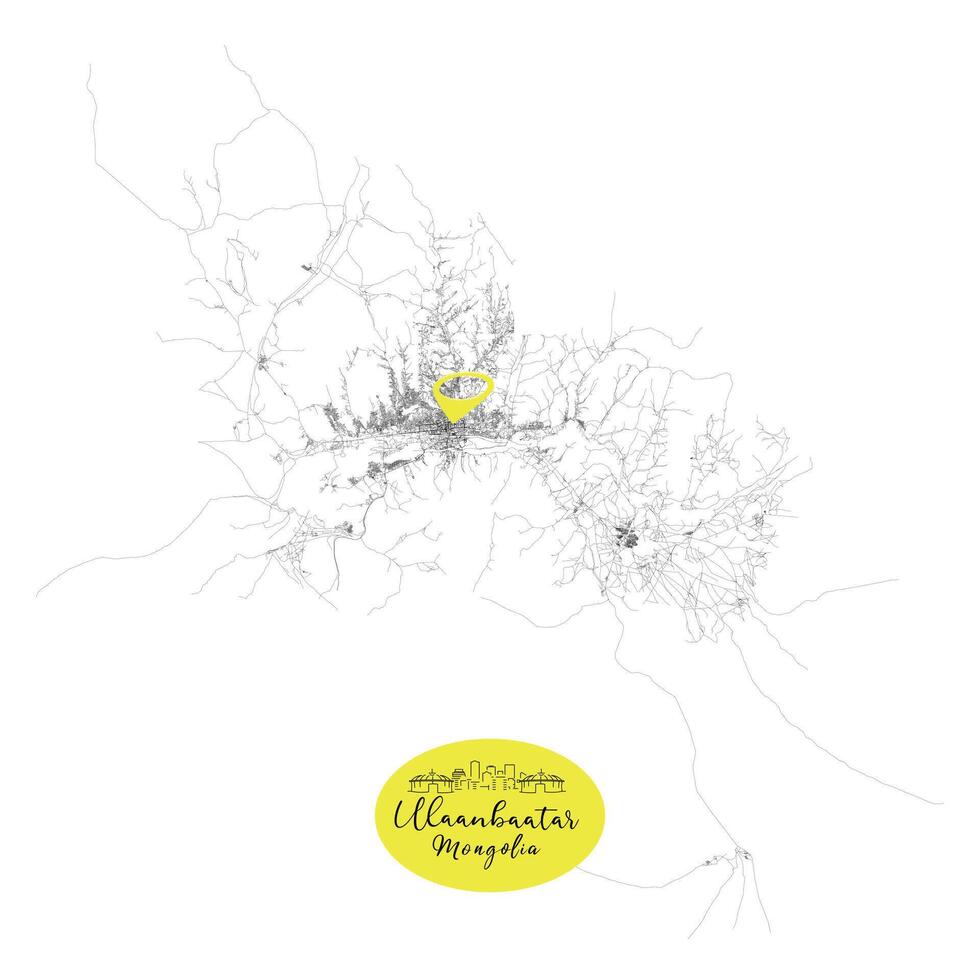 Ulaanbaatar capital city of Mongolia,Urban Streets Roads Map with city center location pin, illustration element image vector