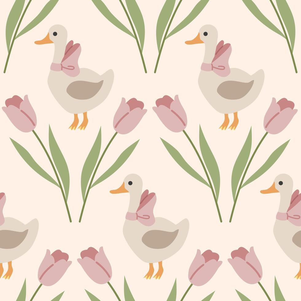 Cute, spring, cozy pattern with tulips and duck. Cute duck character with bow on his neck vector