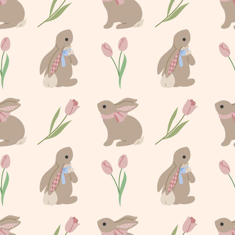 Cute, spring, cozy pattern with bunnies and wildflowers vector