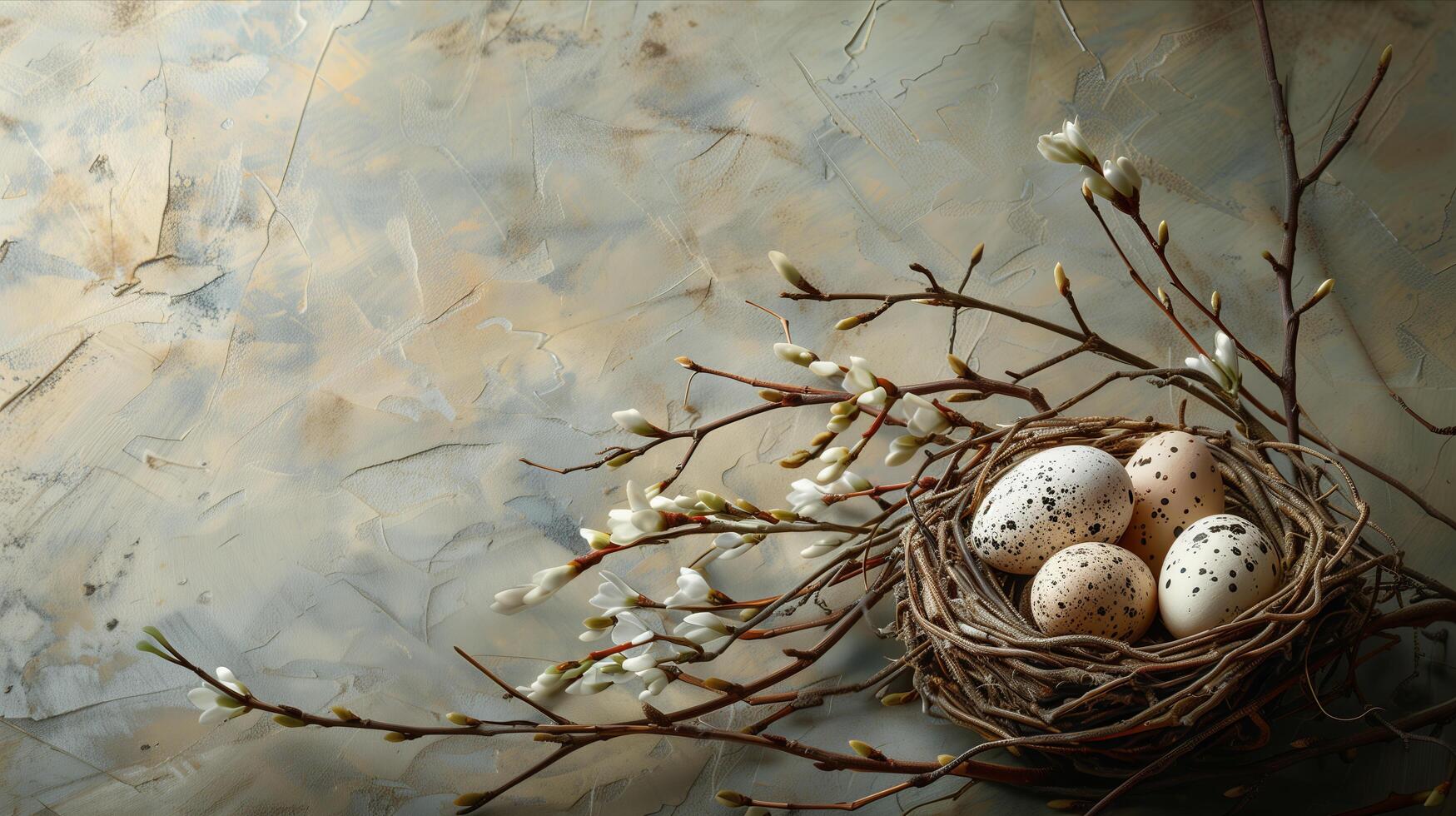 A bird nest with eggs on a branch photo