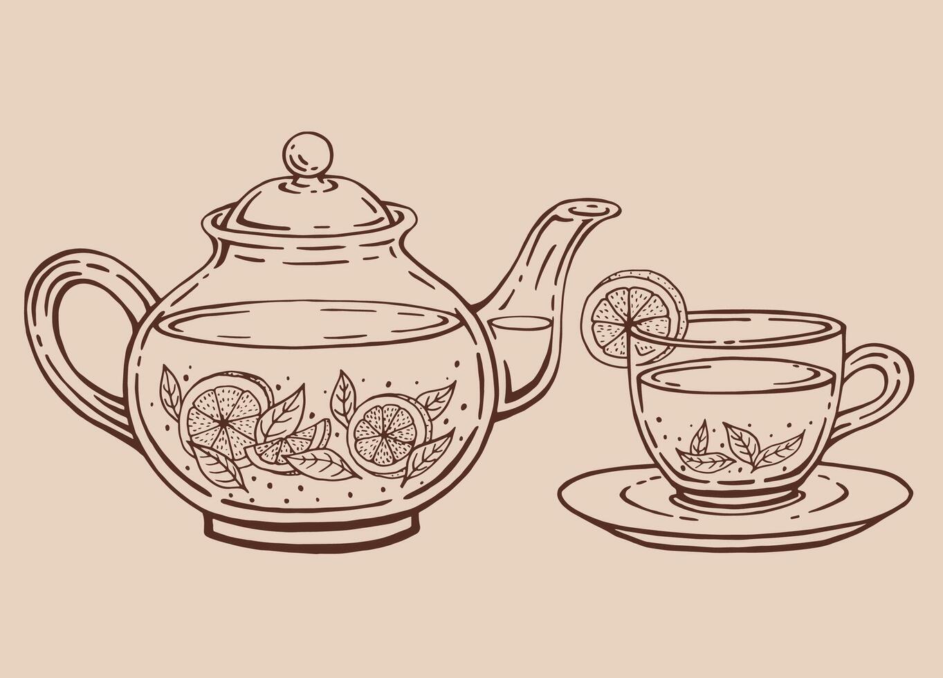 Tea set with glass teapot and cup, lemon slices, tea leaves. Hand drawn illustration vector