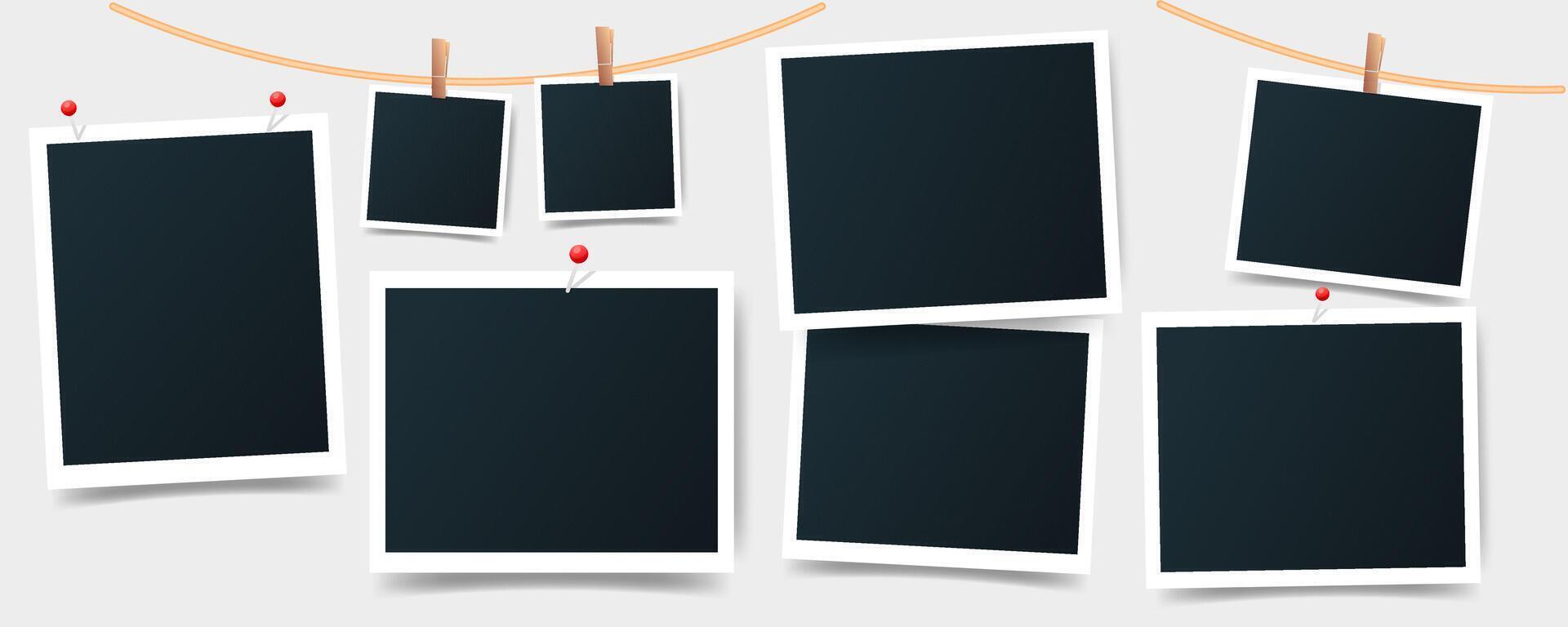 Blank photo frames hanging on a rope and pinned with thumbtacks vector