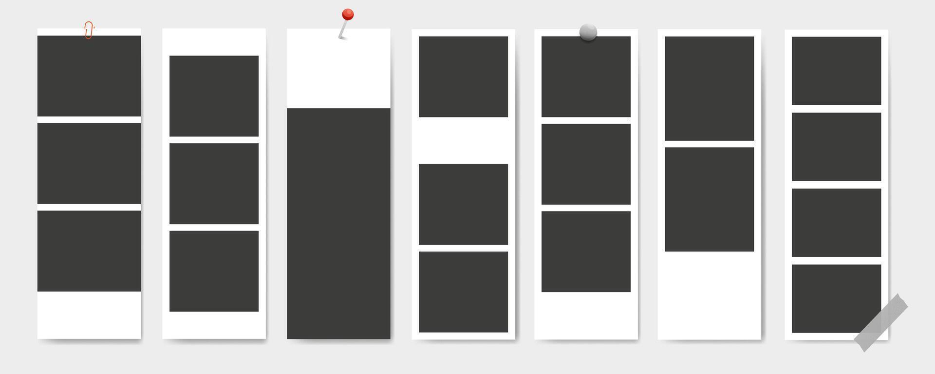 Photo booth strip, blank frames, instant snapshots pinned thumbtacks on gray wall vector