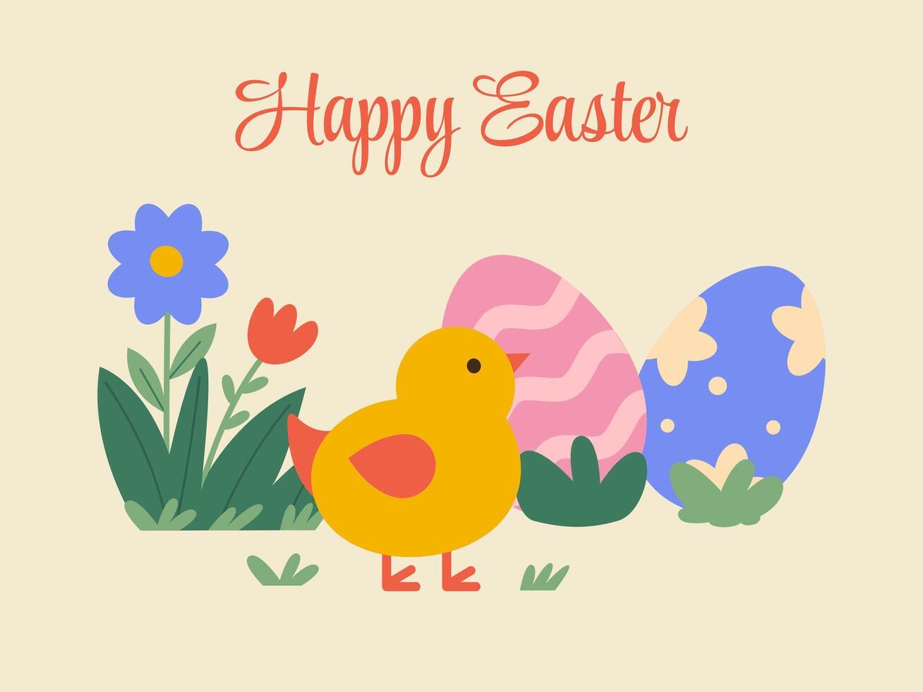 Happy Easter, spring holiday postcard design. Cute baby chicken, festive dyed eggs, flowers. vector