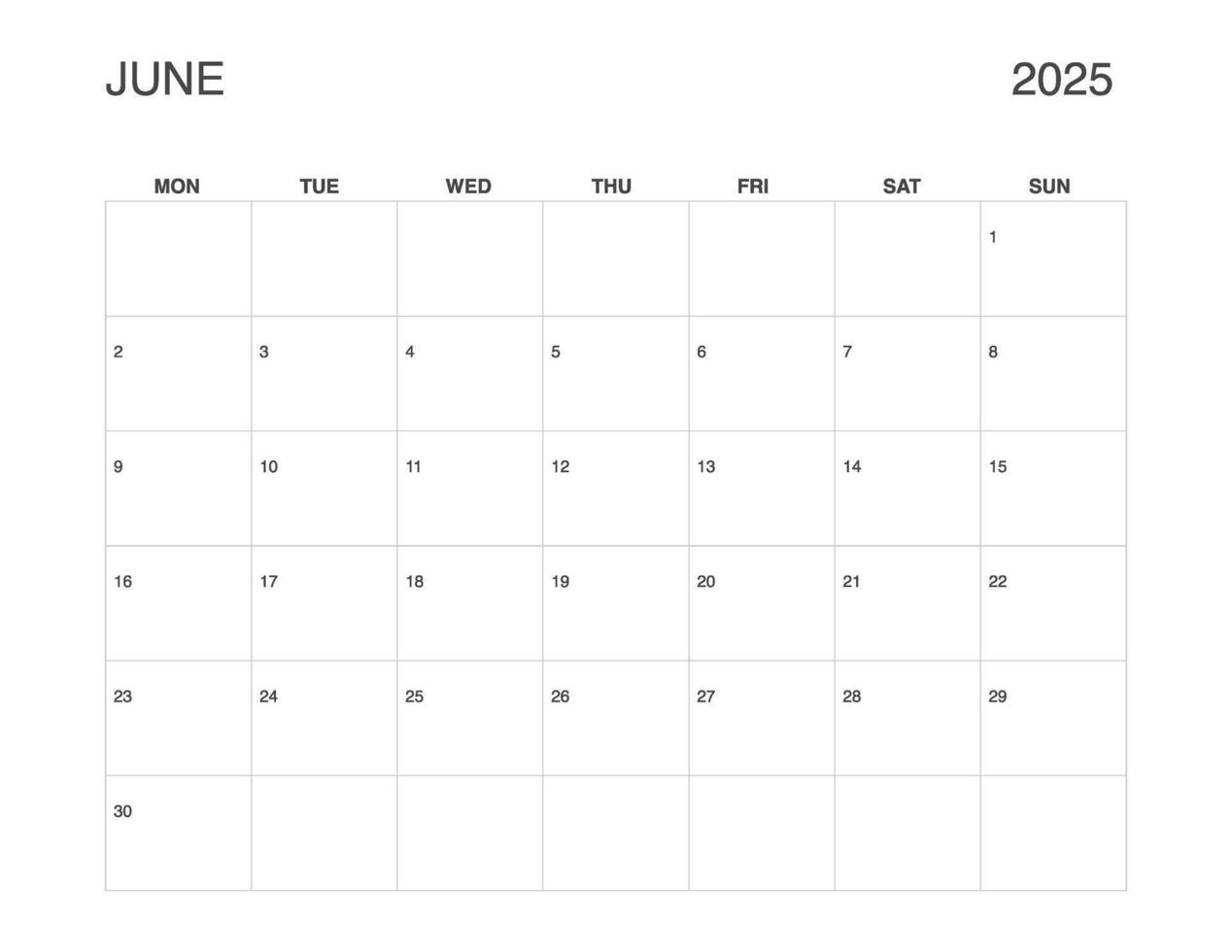 JUNE 2025 Letter Size Monthly Calendar, Minimalist Printable Calendar, Dated JUNE Planner vector