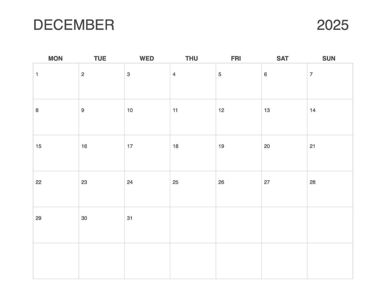 DECEMBER 2025 Letter Size Monthly Calendar, Minimalist Printable Calendar, Dated December Planner vector