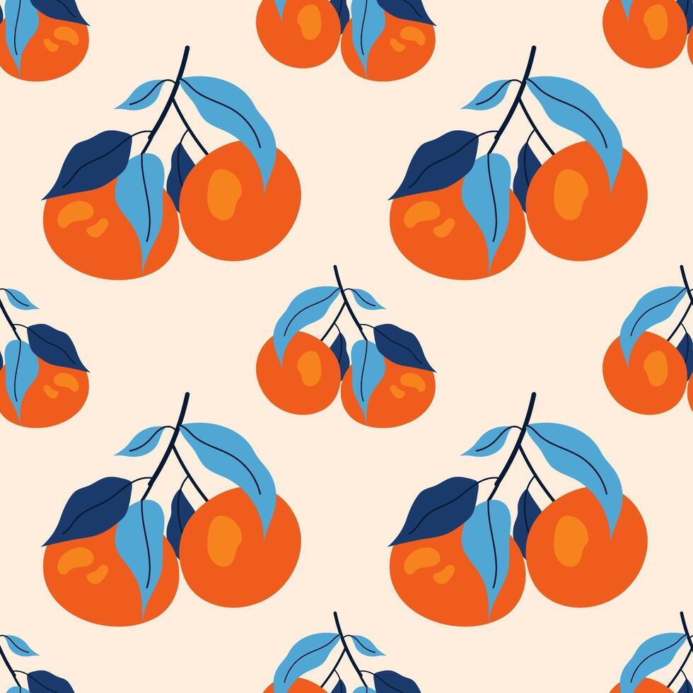 Trendy fruit seamless pattern. Tropical summer background with hand drawn tangerine on branch. Modern design for paper, cover, fabric. vector