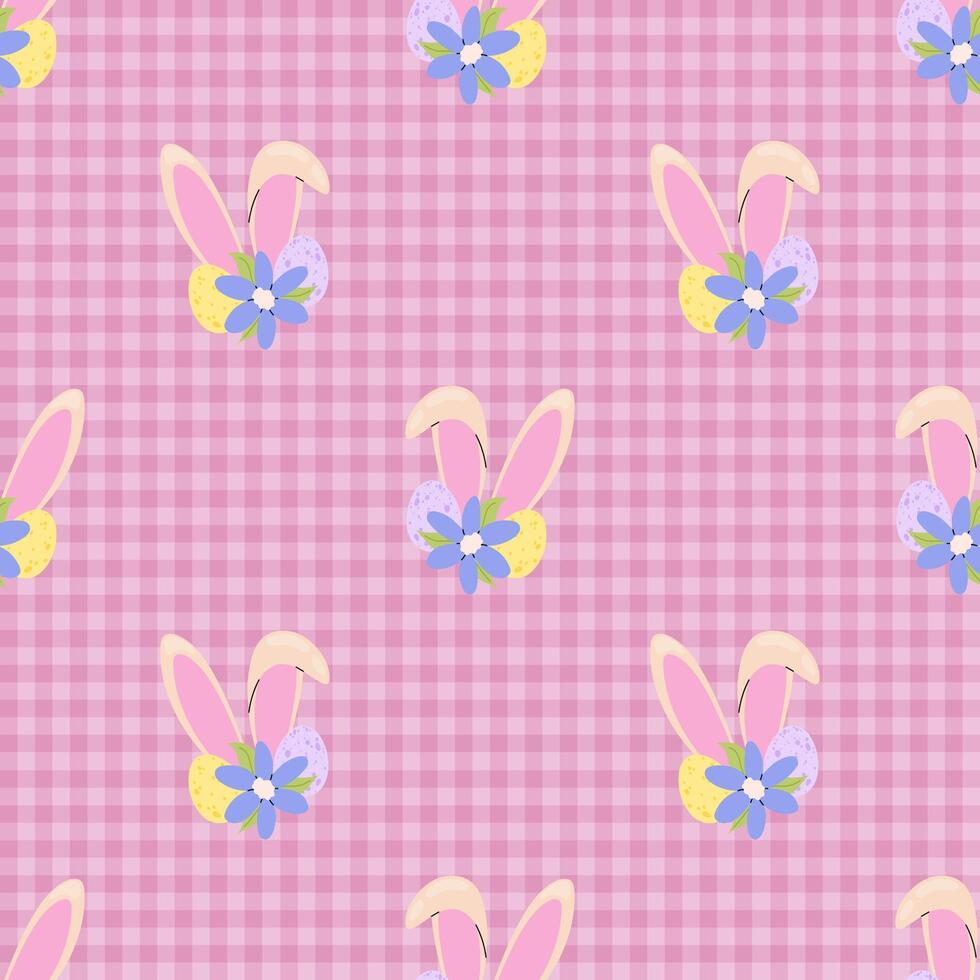 Easter Background. Easter egg with rabbit ears and flower on pink chequered background. Seamless pattern for textile, wrapping paper, postcards or covers. vector