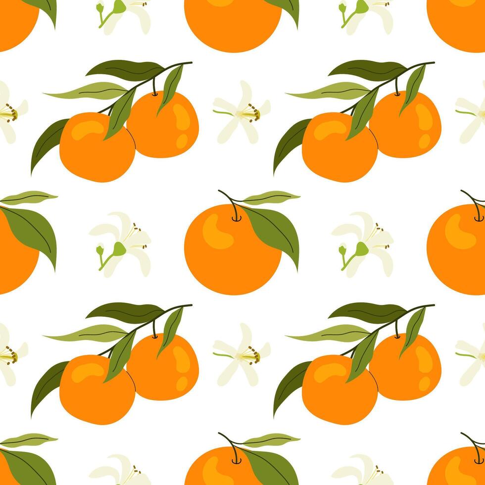 Ripe tangerine on branch. Citrus orange fruit with flowers. Seamless pattern for textile, wrapping paper, postcards, background or covers. vector