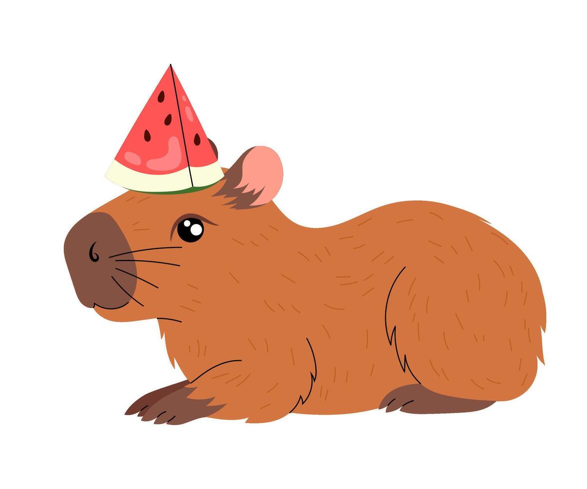 Funny capybara with watermelon slice on head. Kawaii herbivorous rodent. Flat illustration on white background. vector