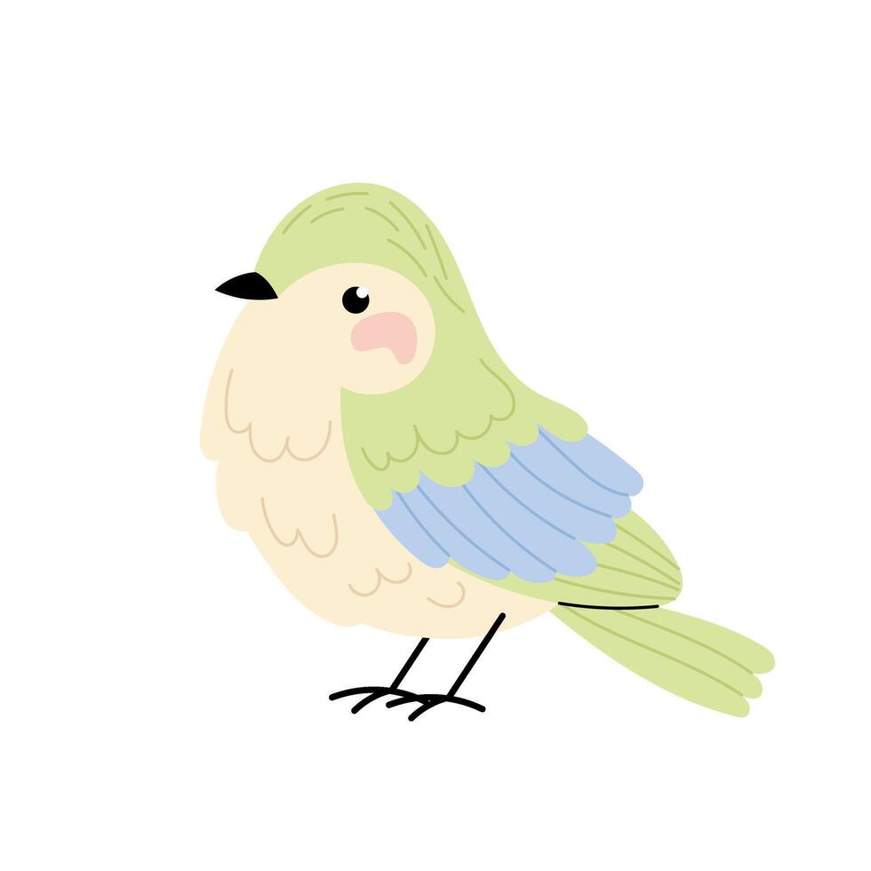 Adorable small bird. Cute spring bird in blue and green pastel colors. Flat illustration on white background. Spring. vector