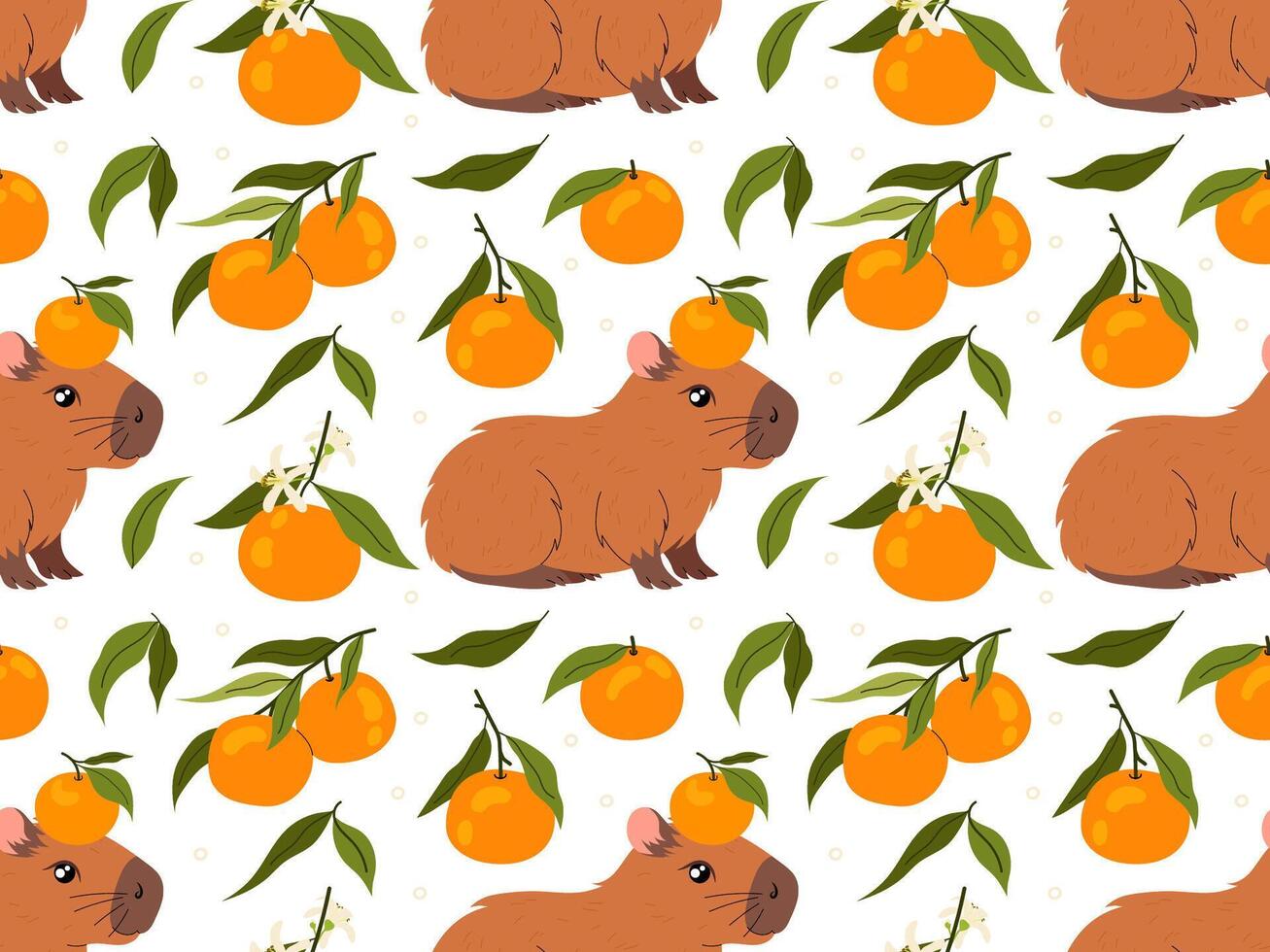Funny capybara with tangerine. Kawaii herbivorous rodent. Ripe mandarin on twig. Citrus orange fruit with green leaves. Seamless pattern capybara. For textile, wrapping paper, postcards or covers. vector