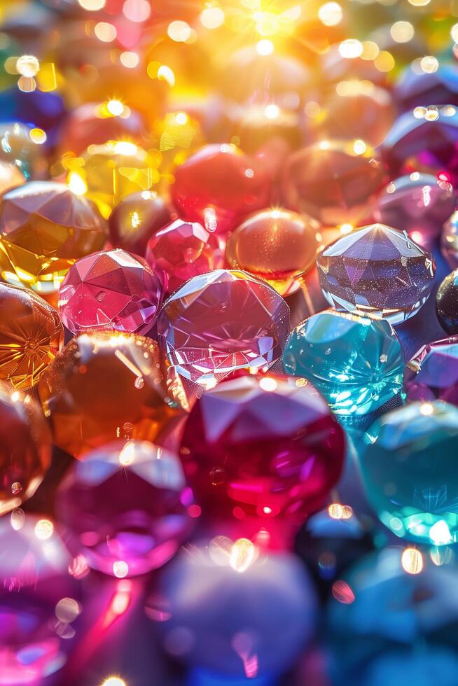 Colorful gems on a table with bright light photo