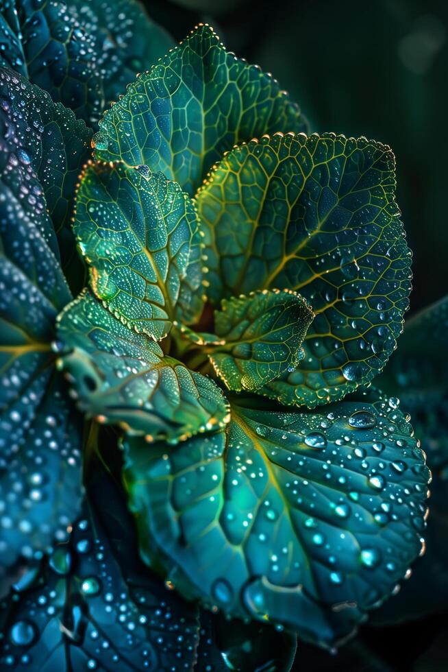 A close up of a green leaf with water droplets photo