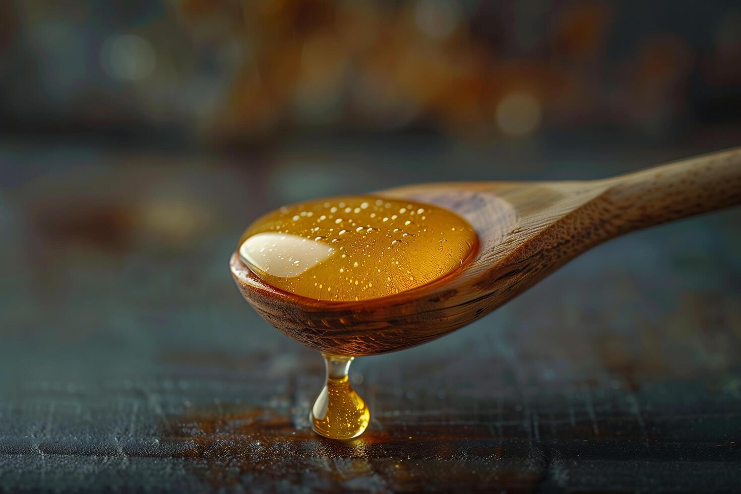 Honey dripping from a wooden spoon on a dark table photo