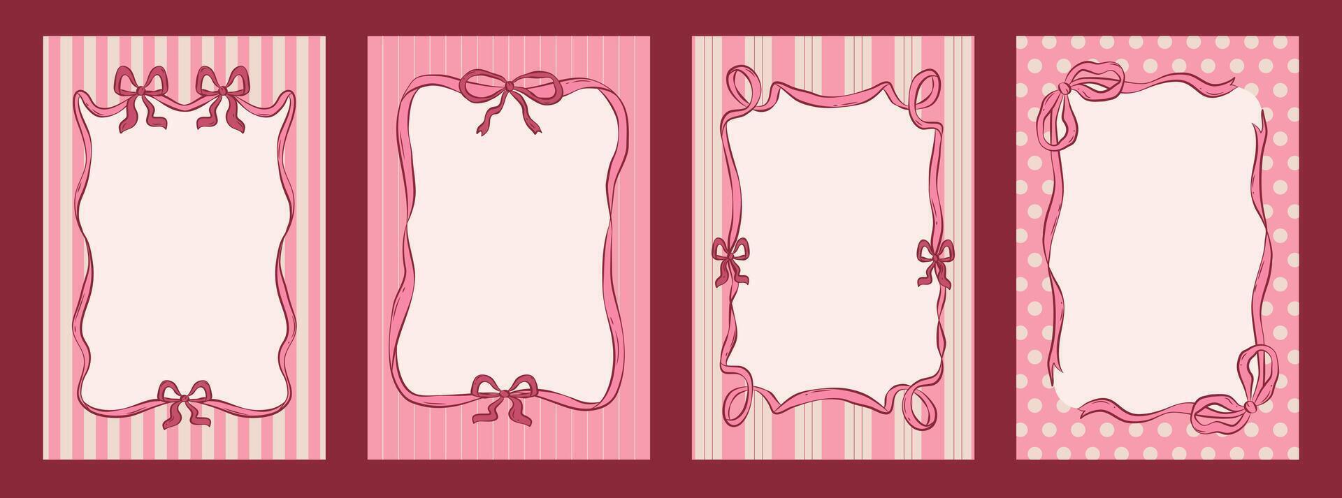 Set of cards with ribbon borders on different background. Hand drawn coquette frames with fancy bows in vintage style. Perfect for Valentine's day, birthday, wedding and other holidays. vector