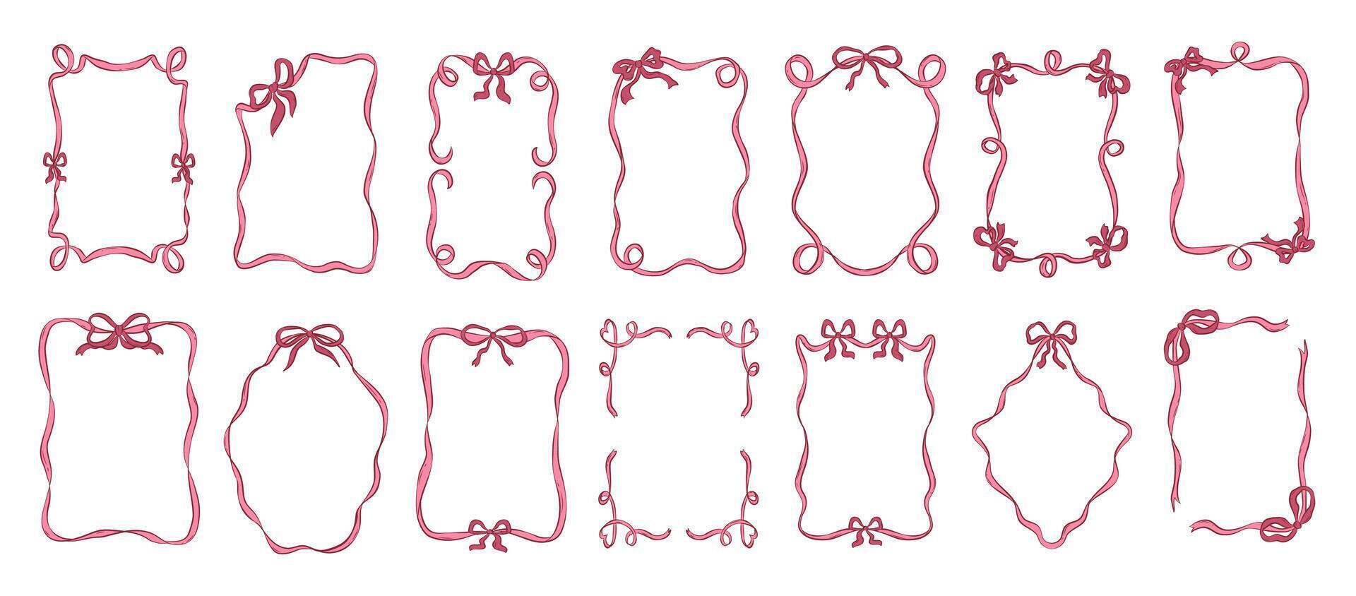Collection of colorful coquette ribbon frames in vintage doodle style. Isolated design elements. Flat illustration. vector