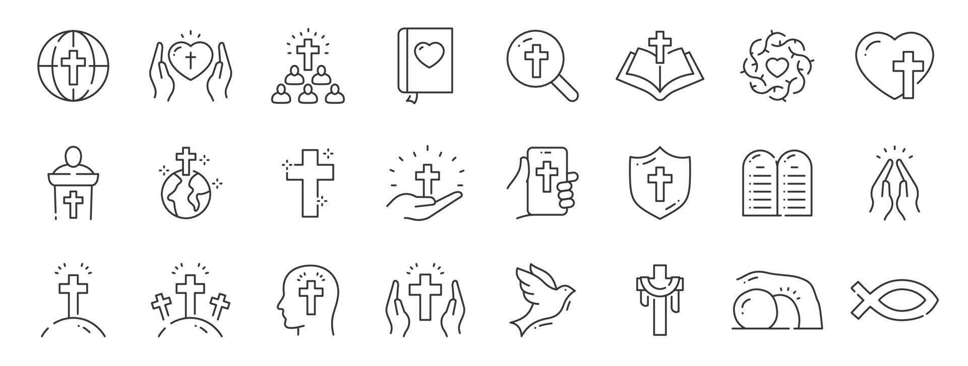 Set of christian related line icon set. Cross, bible, christmas, easter, dove etc. Editable stroke vector