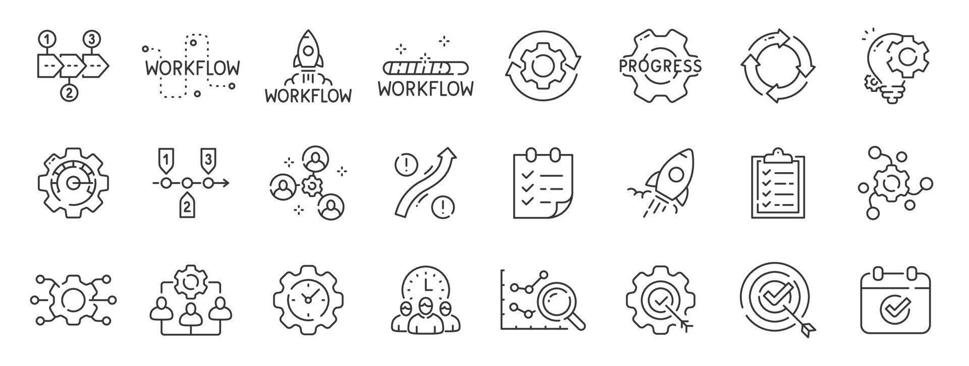 Set of workflow related line icons. Process, structure, strategy, operation etc. Editable stroke. Set 2 vector