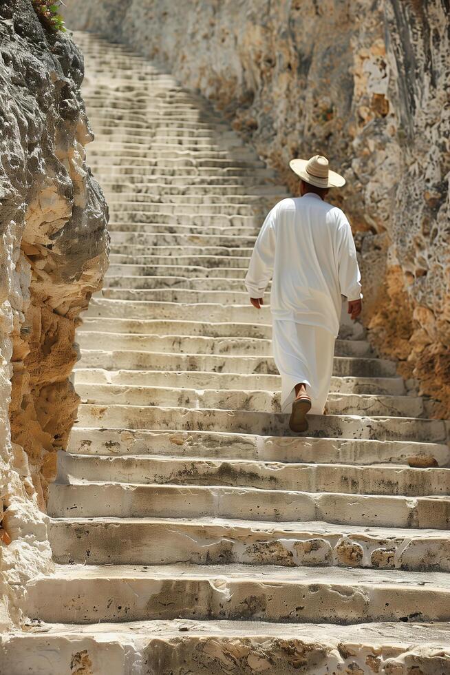 A man in white robes walking up some stairs photo