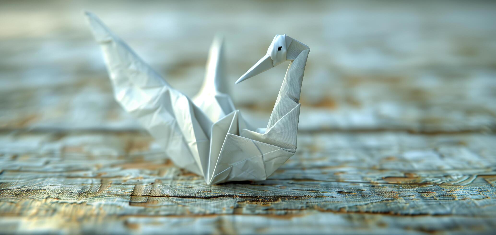 A paper crane is sitting on a wooden surface photo