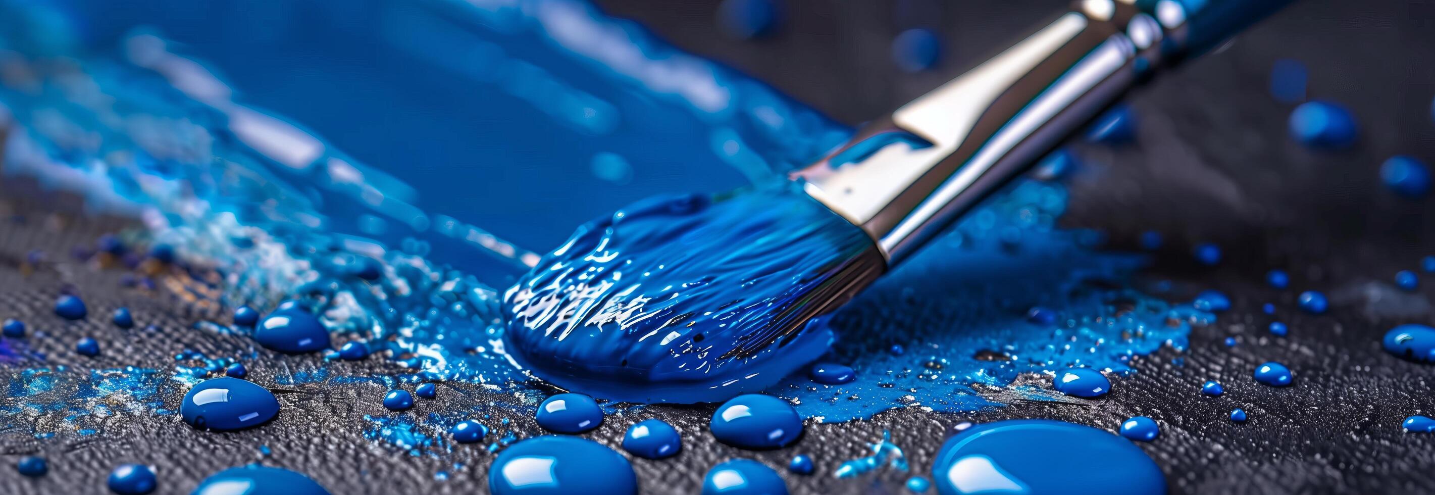 A paint brush is being used to paint blue paint photo
