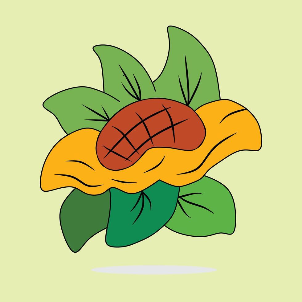 Cartoon Illustration of a Sunflower with Green Leaves on a Light Background vector