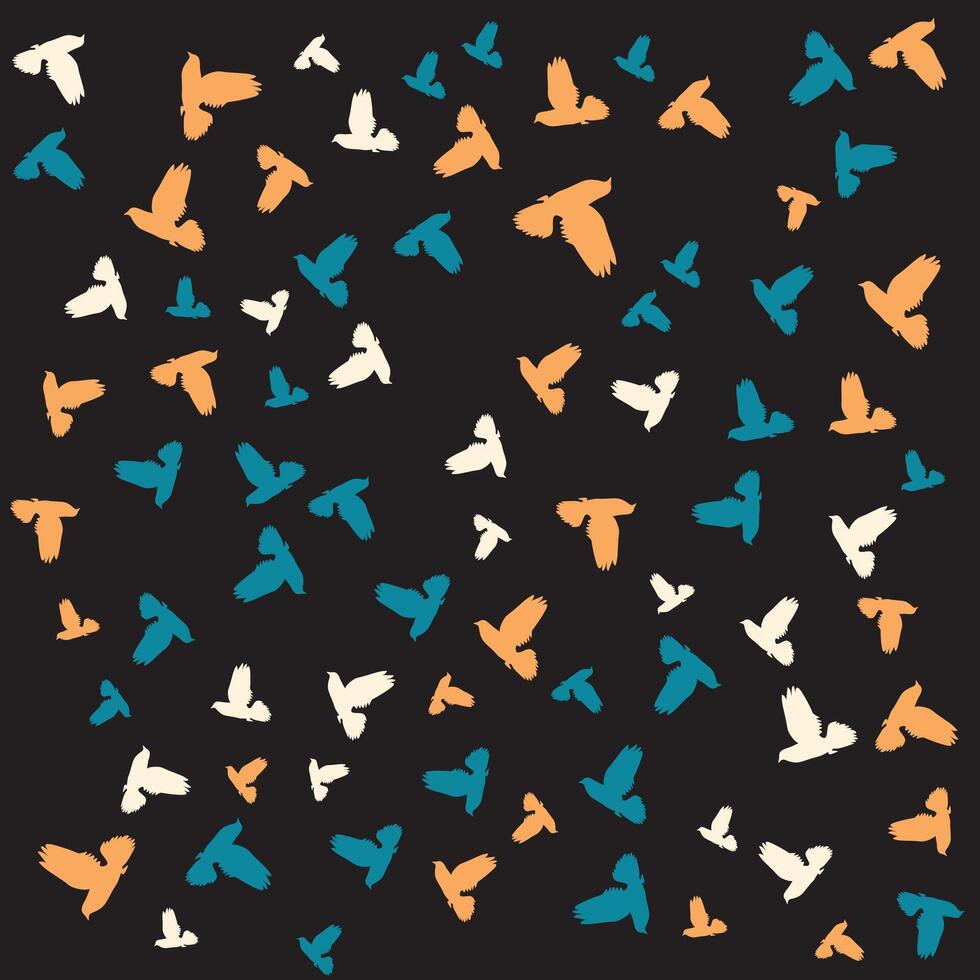 Abstract blue illustration featuring silhouettes of birds in white, orange, and green colors. Perfect for textiles, wallpapers, or backgrounds with a cheerful and uplifting nature-inspired design. vector