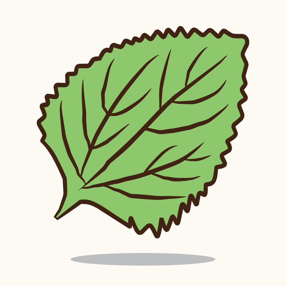 Flat cartoon design of a single green leaf with textured veins on pastel background. Perfect for natural themes, eco-friendly designs, and organic products. Simplistic and calming visual appeal. vector