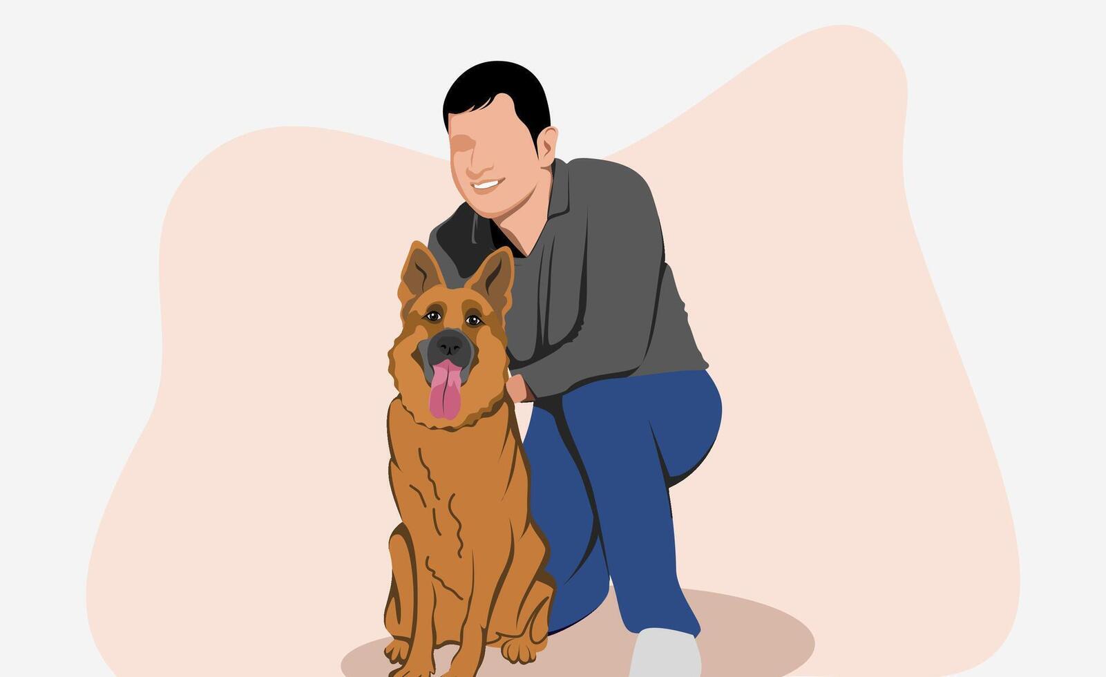 Flat illustration Man and his dog has friend relationship, man caress his dog gently with hand isolated white background vector
