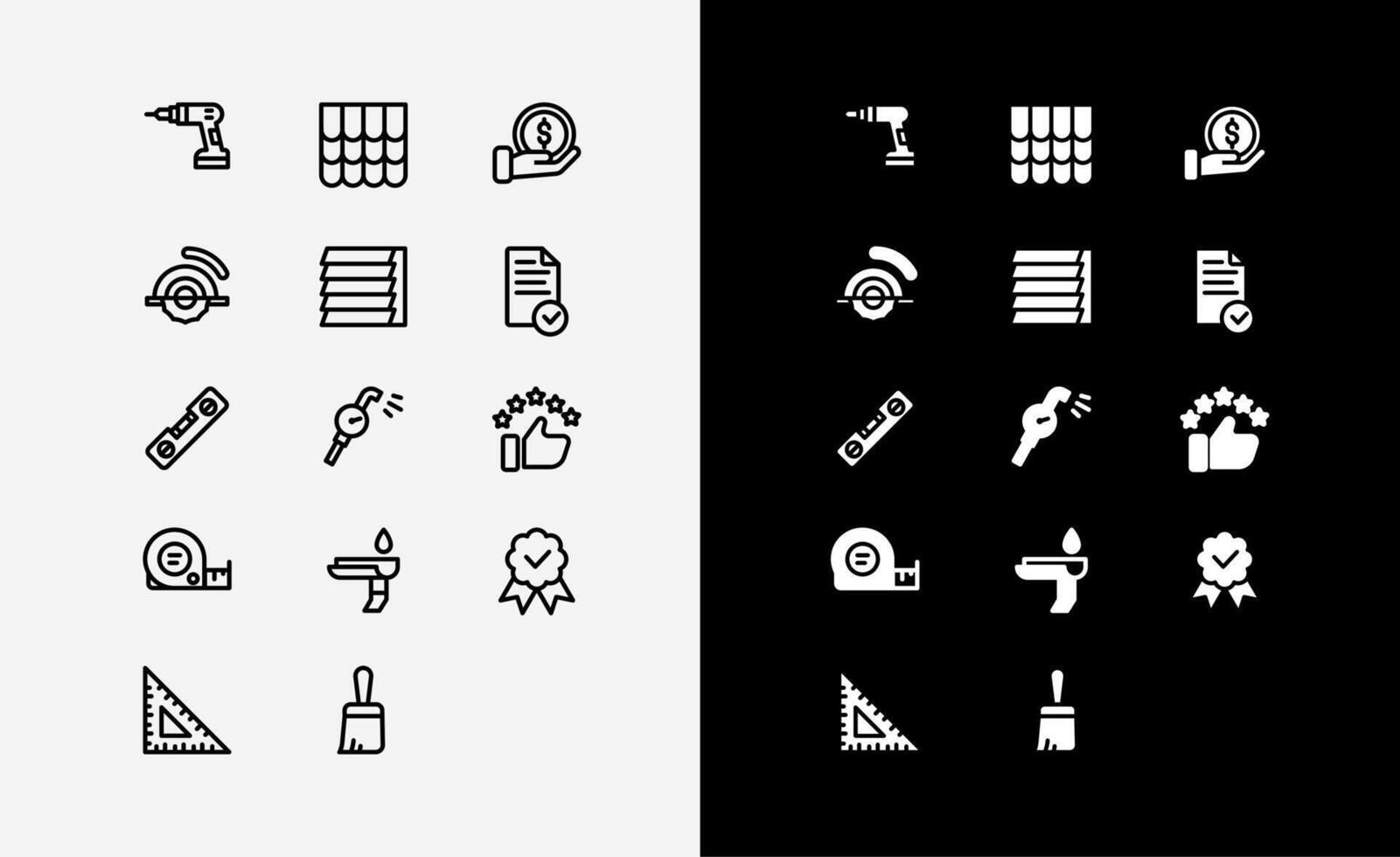 Icon set builder home or contruction include drill, tap, measure, waterpass, roof etc. icon set for website and ui ux mobile app vector
