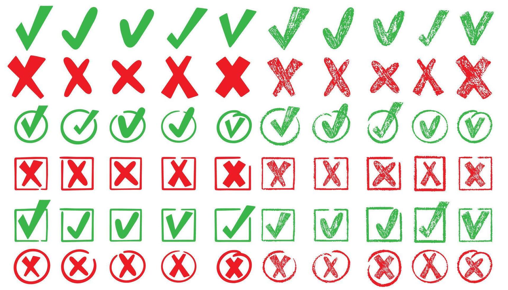 Check marks doodle set. Vote, yes, no, checkbox, checklist, thick and cross signs, and drawn concept. Green and red color. Hand drawn doodle sketch style illustration vector