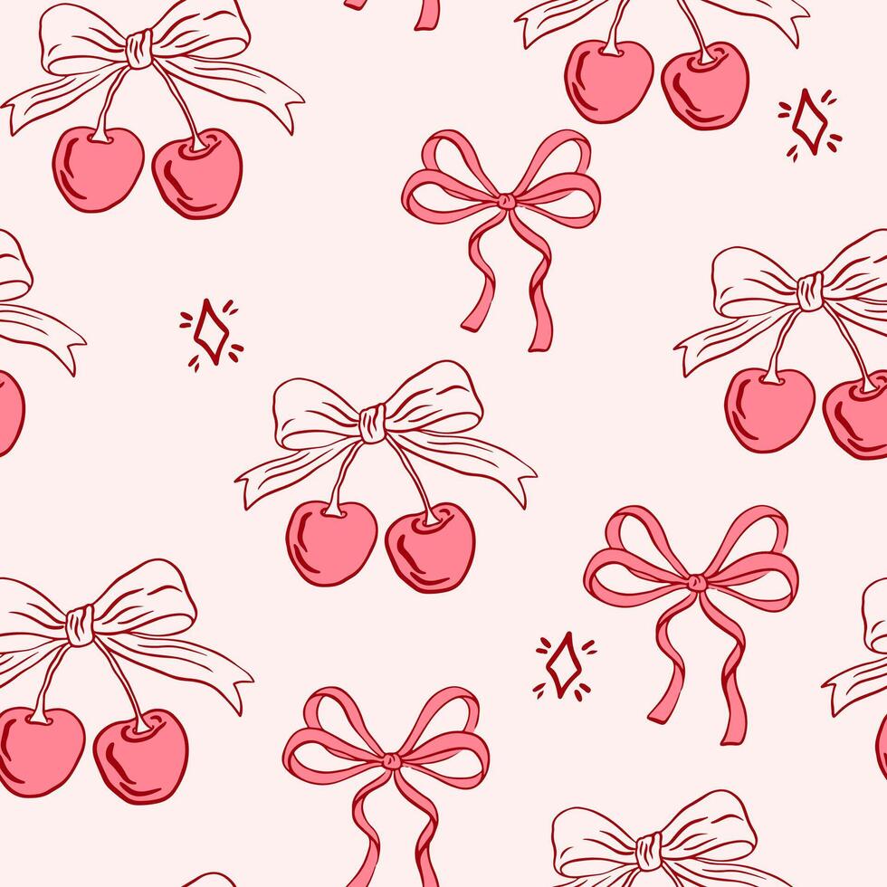 Hand drawn coquette seamless pattern with cherry and bow. Vintage trendy cute girly background. Modern print for wrapping paper, holiday decor, textile, packaging, fabric, textile vector