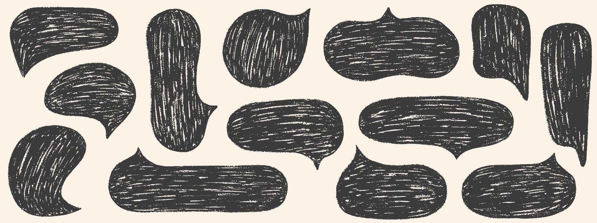 Speech bubbles with crayon or chalk texture. Charcoal doodle comic empty grunge chalk speech bubbles set in doodle style. Hand drawn kid's style pencil dialog balloon, various text clouds set. vector