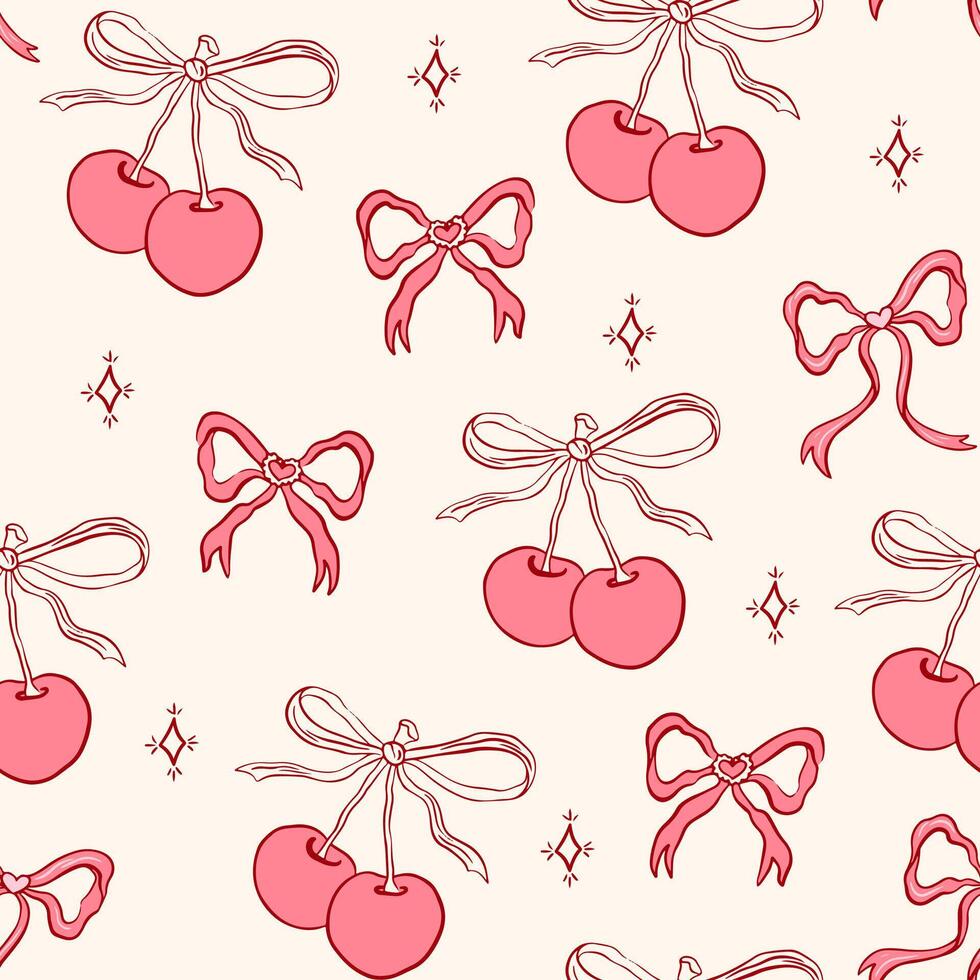Hand drawn coquette seamless pattern with cherry and bow. Vintage trendy cute girly background. Modern print for wrapping paper, holiday decor, packaging, textile, fabric vector