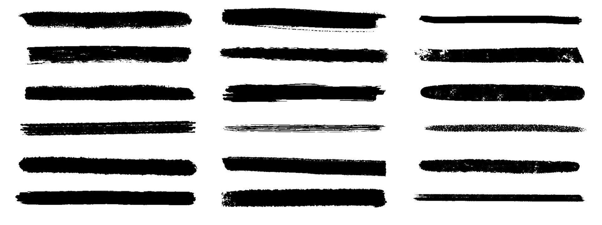 Charcoal pencil straight horizontal lines. Black hand drawn stripes, ink brush strokes. Scribble charcoal texture lines set. Grunge smears, thin and thick chalk strokes, pencil underline. vector