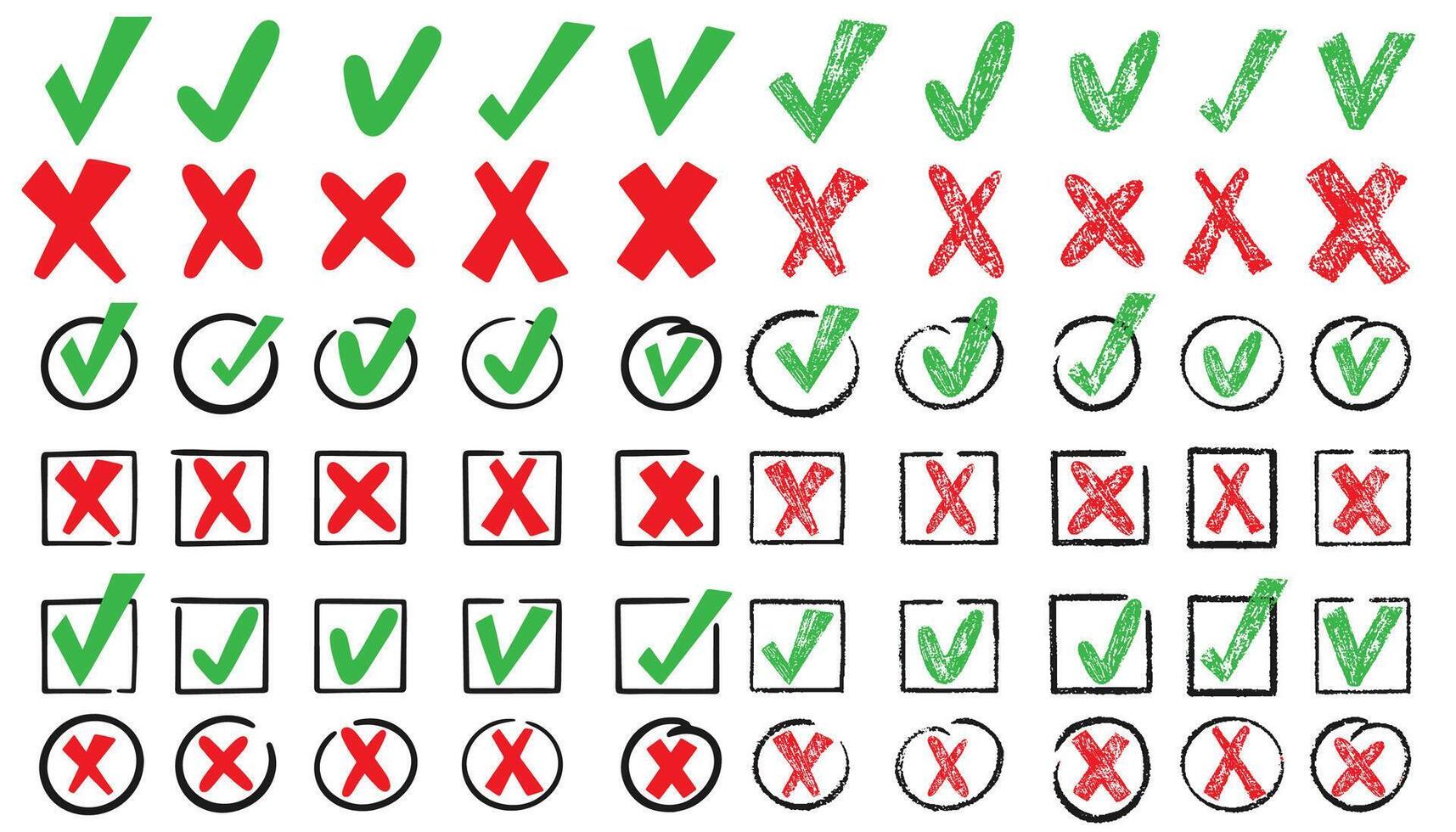 Check marks doodle set. Vote, yes, no, checkbox, checklist, thick and cross signs, and drawn concept. Green and red color. Hand drawn doodle sketch style illustration. vector