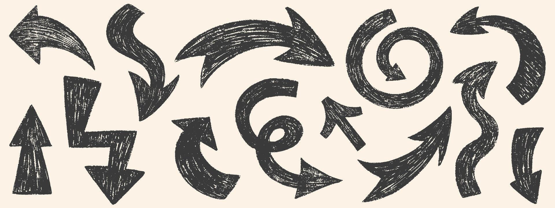 Crayon arrows set. Collection of bold grunge folded and curved arrows. Doodle black different directions. Graffiti retro style black elements with pencil texture, scribble icons vector