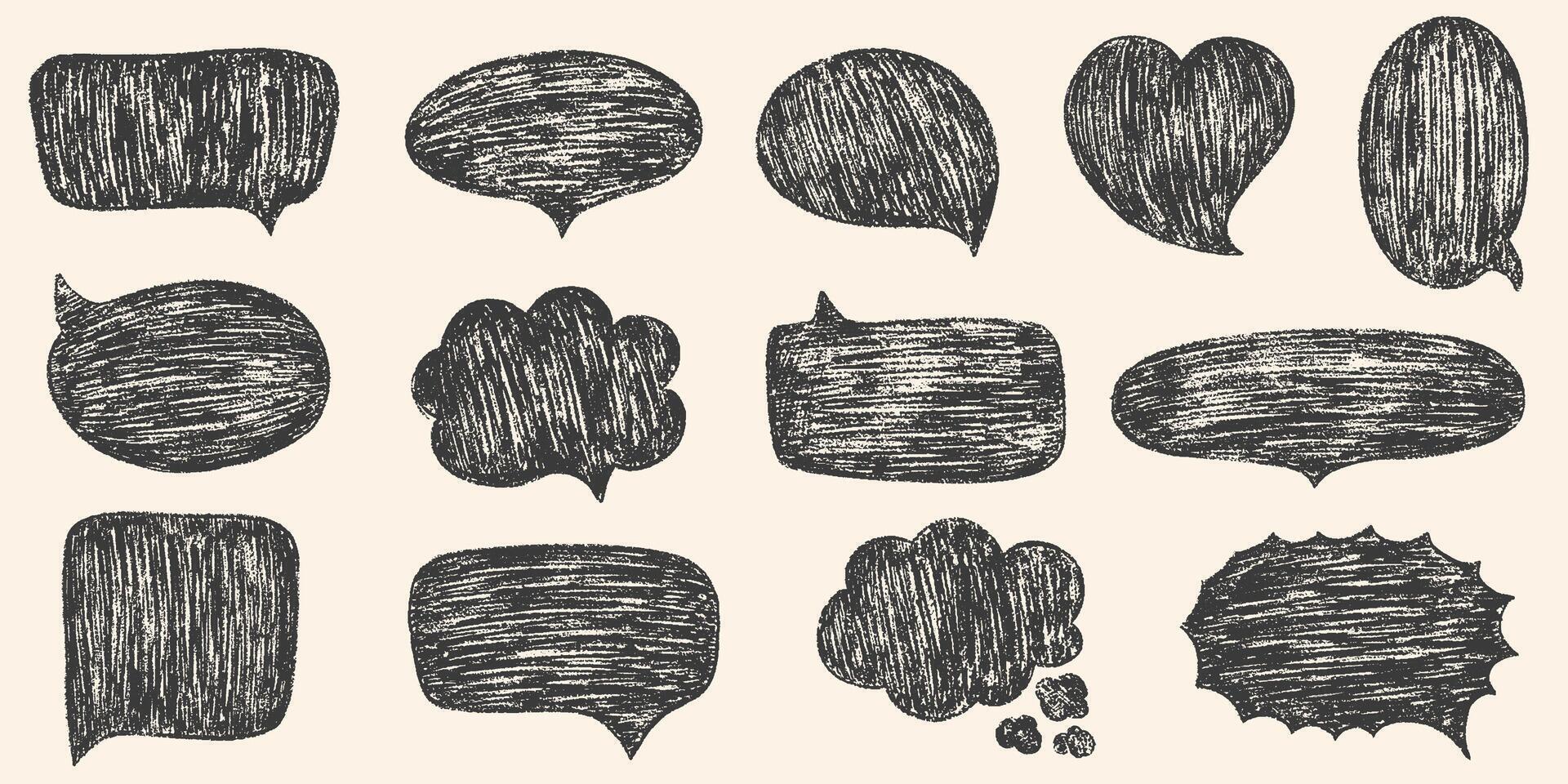 Speech bubbles with crayon or chalk texture. Charcoal doodle comic empty grunge chalk speech bubbles set in doodle style. Hand drawn kid's style pencil dialog balloon, various text clouds set vector